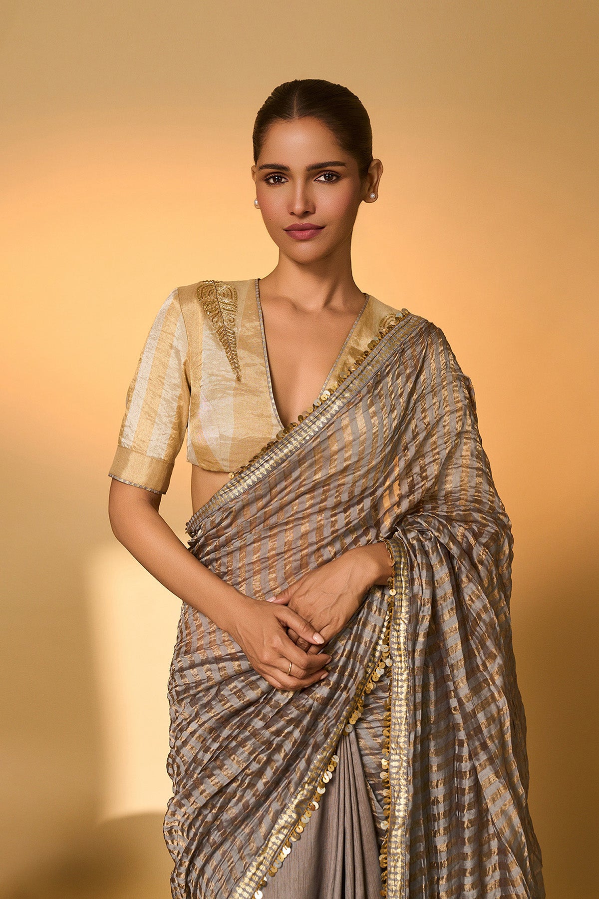 Grey Moonfield Zari Stripes Saree
