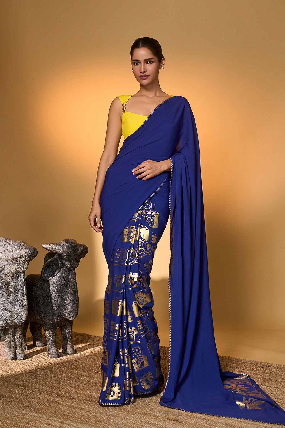 Electric Blue Tropical Camera Saree