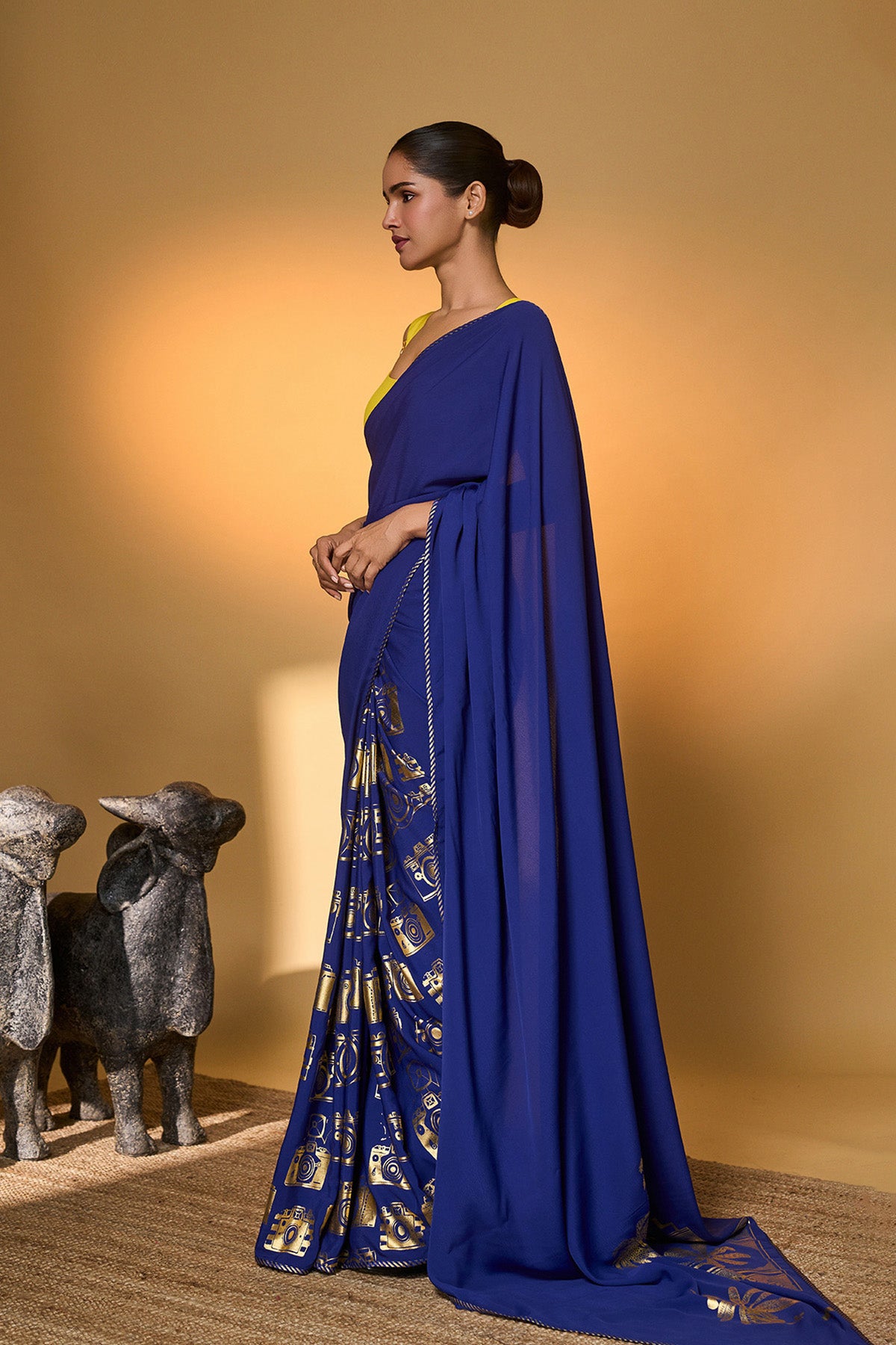 Electric Blue Tropical Camera Saree