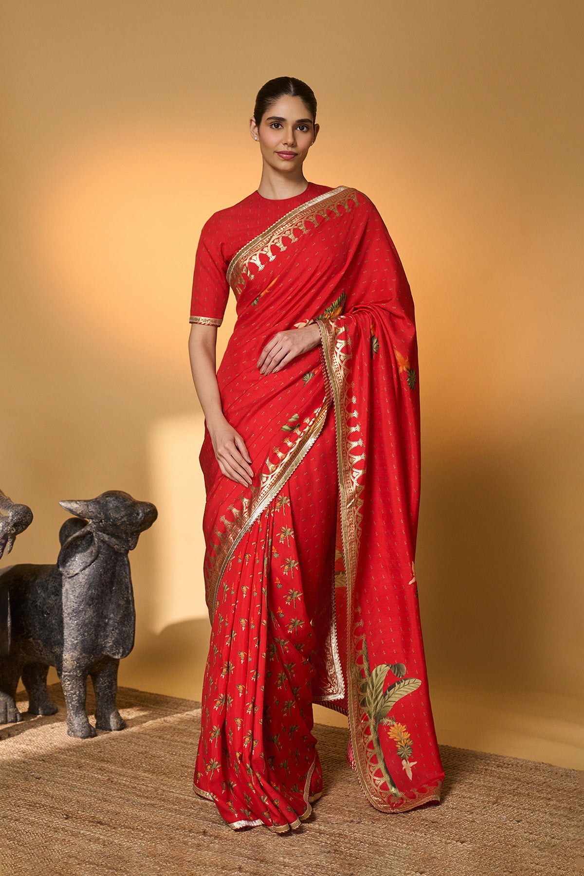 Red Tropical Amber Arches Saree