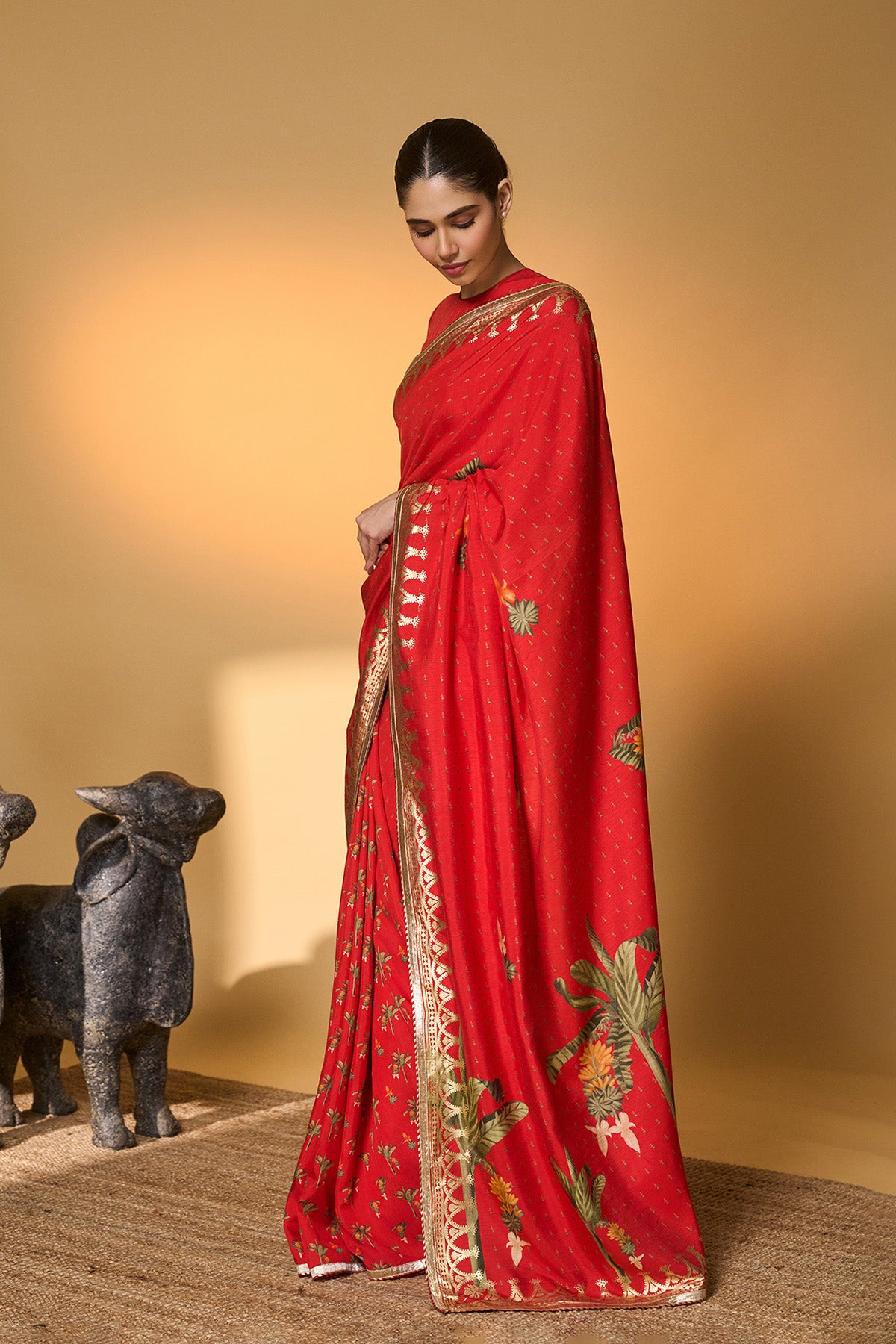 Red Tropical Amber Arches Saree