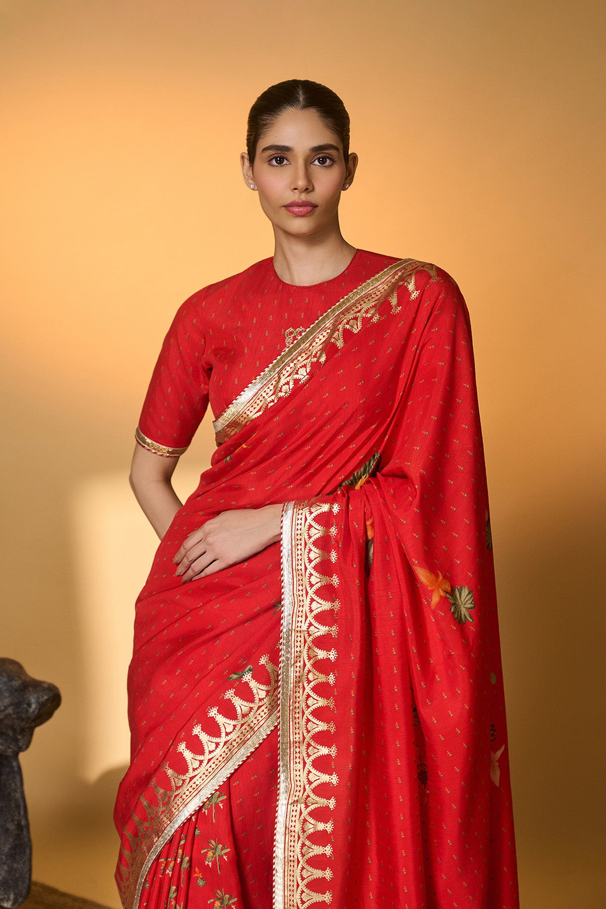 Red Tropical Amber Arches Saree