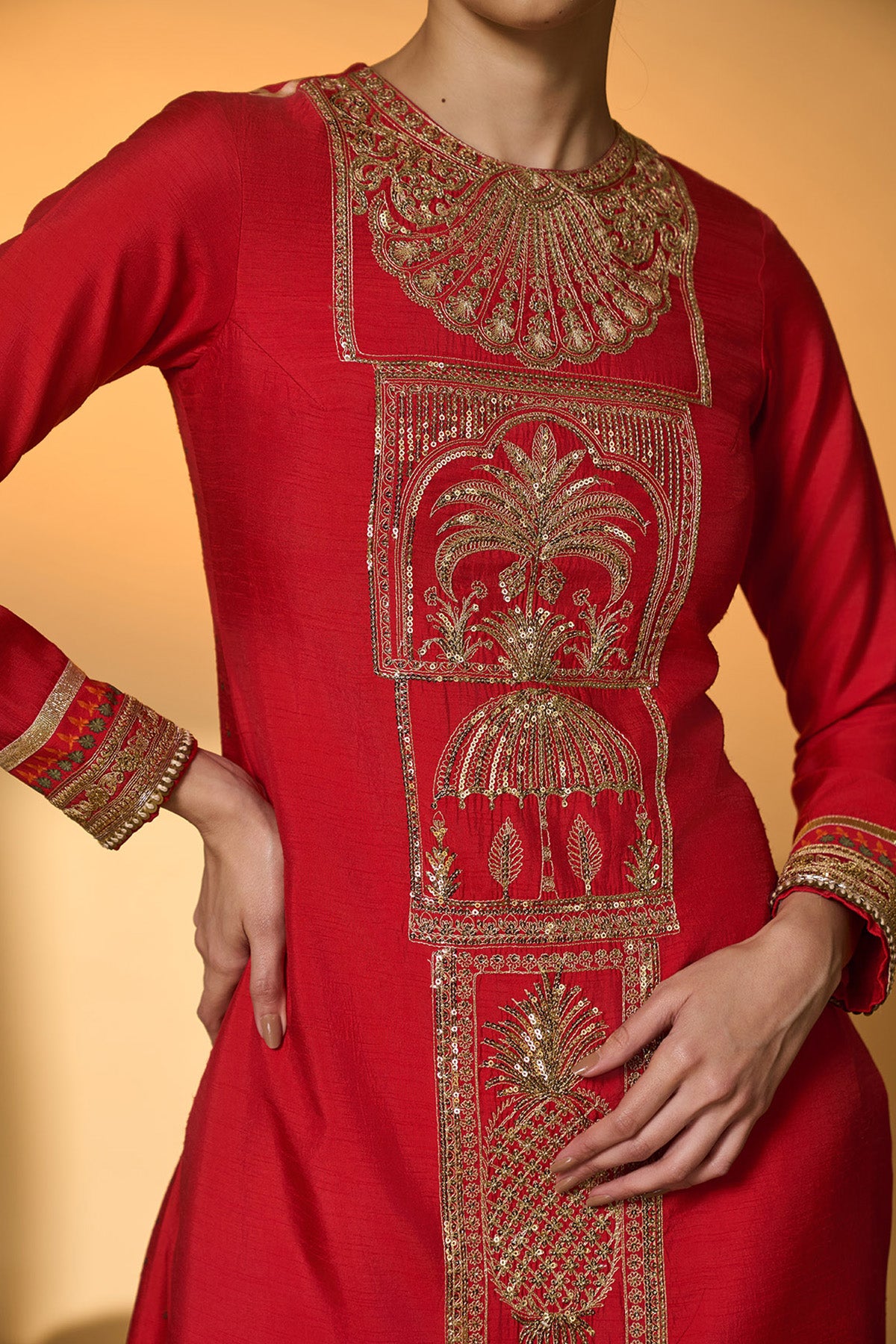 Red Khidki Kurta Set