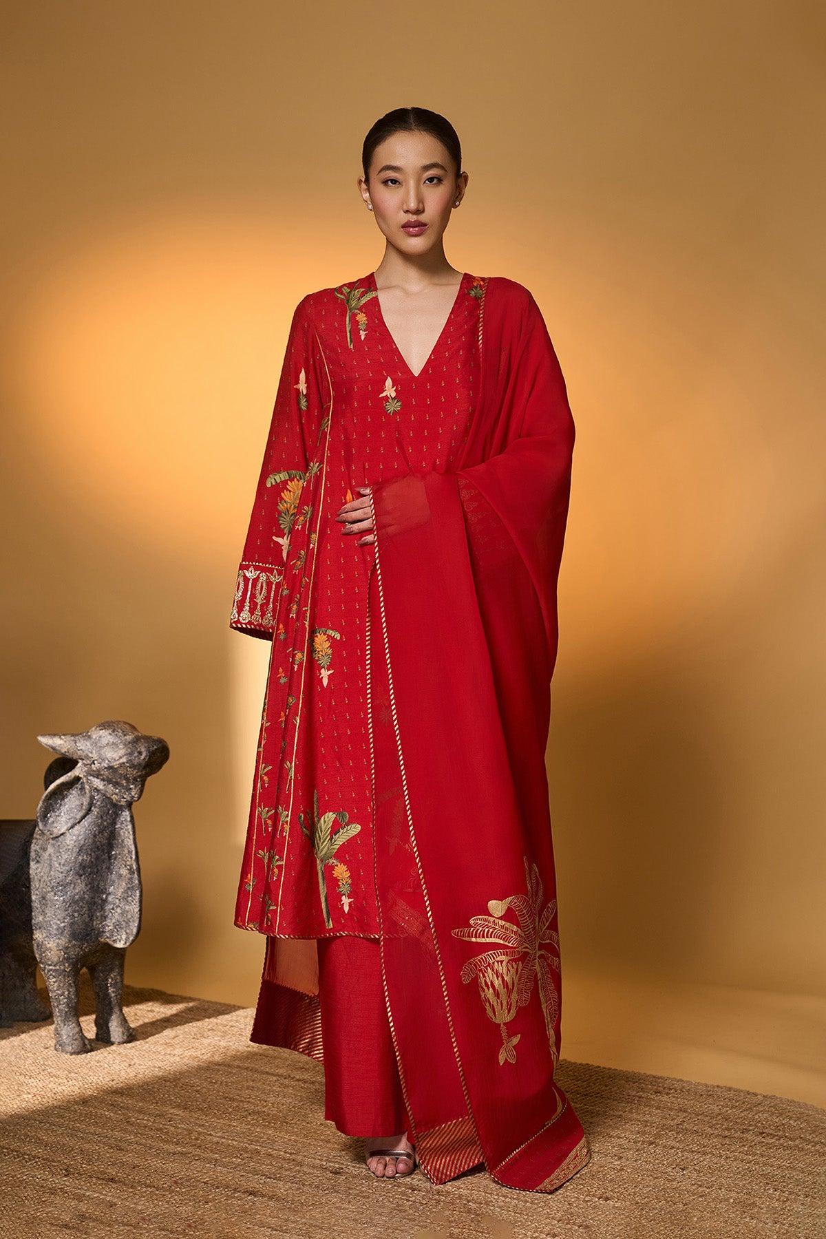 Red Tropical Anarkali Set