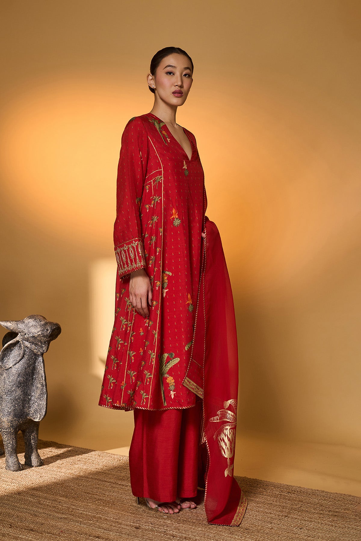 Red Tropical Anarkali Set