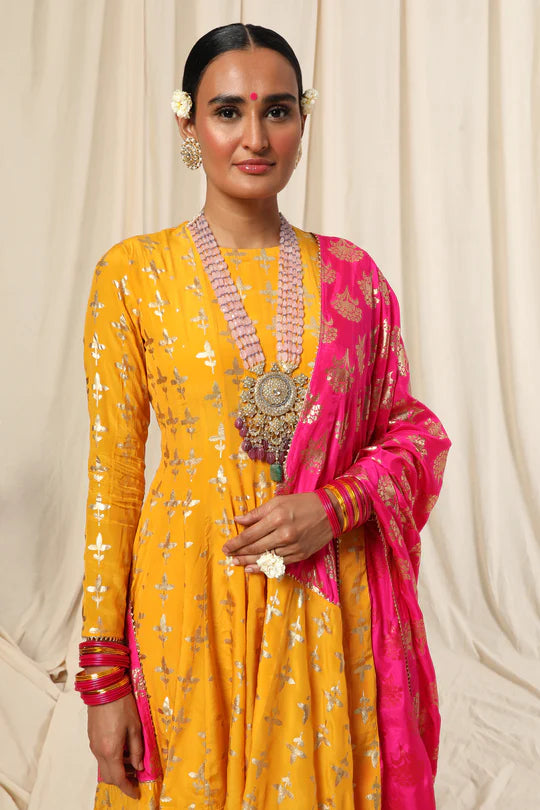 Yellow Triangular Flower Sharara Set