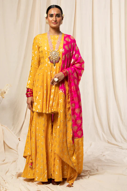 Yellow Triangular Flower Sharara Set