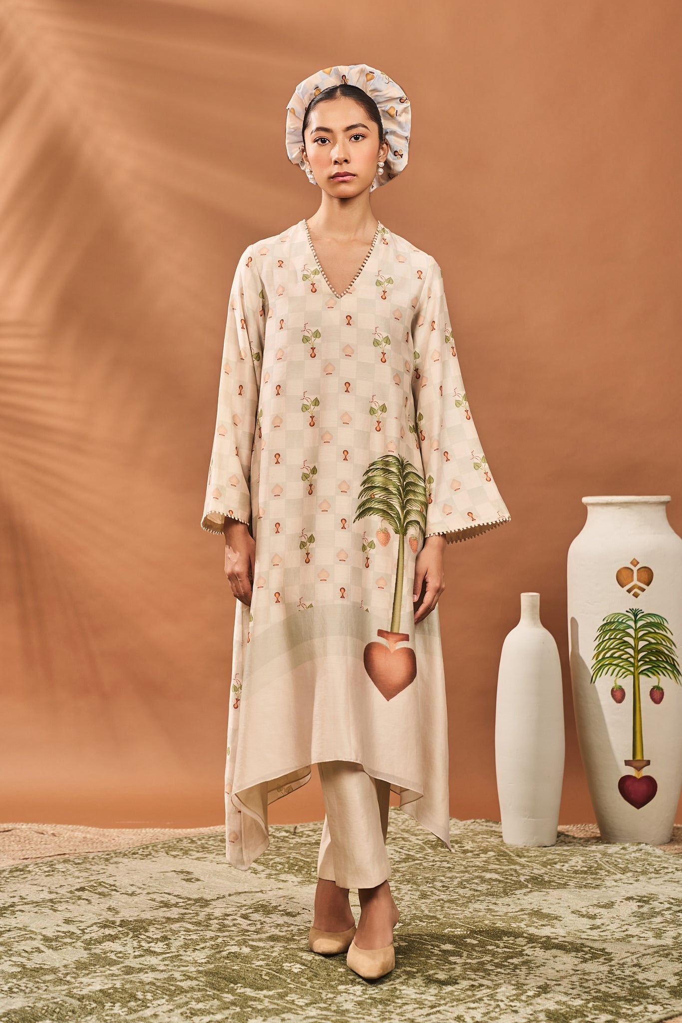 IVORY CHECKERS BLOOM KURTA SET