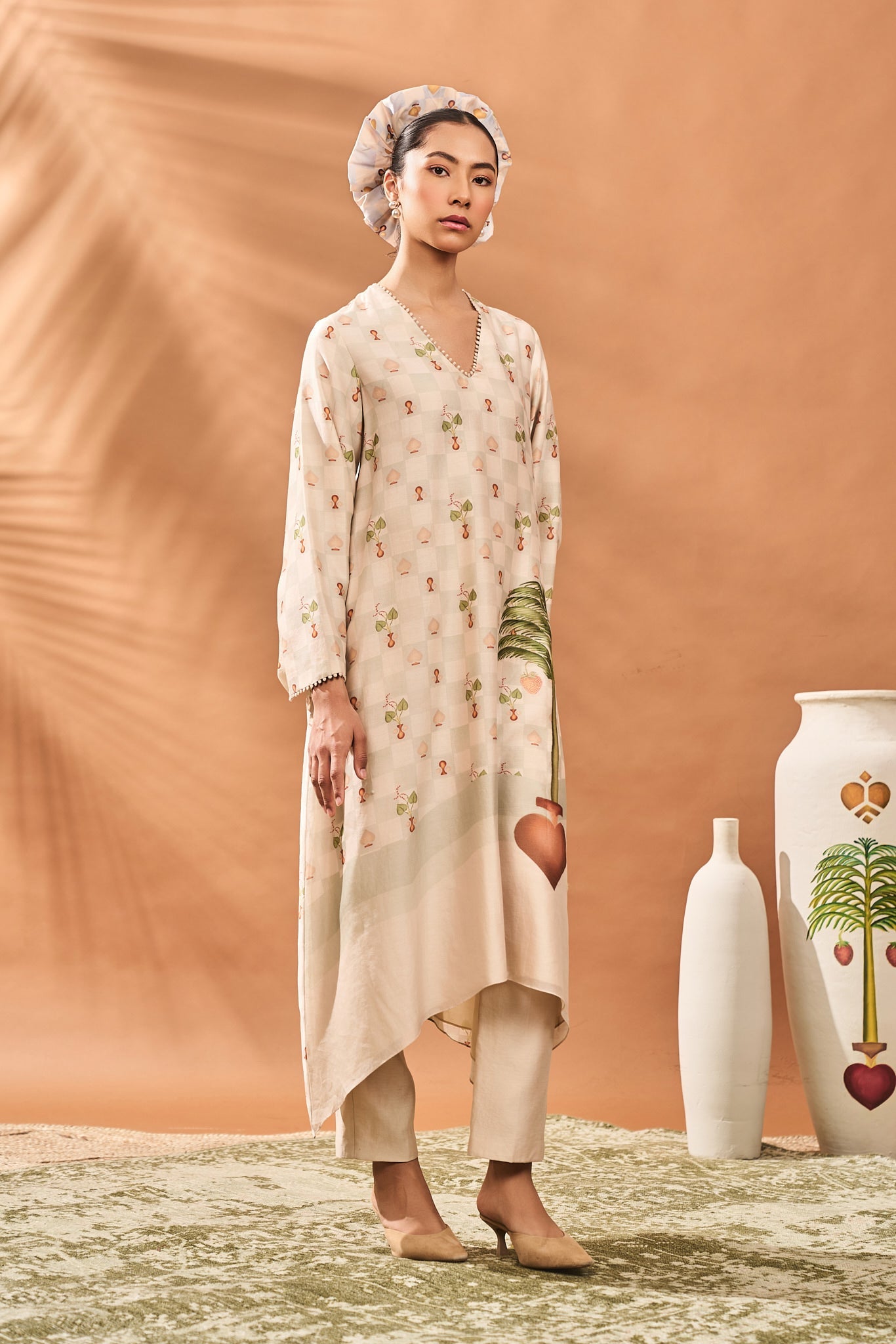 IVORY CHECKERS BLOOM KURTA SET