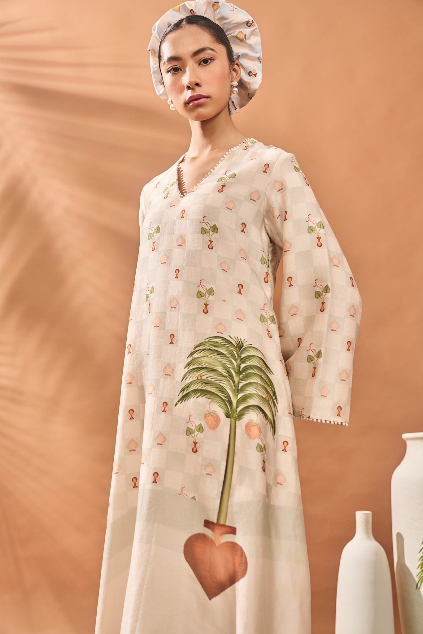 IVORY CHECKERS BLOOM KURTA SET