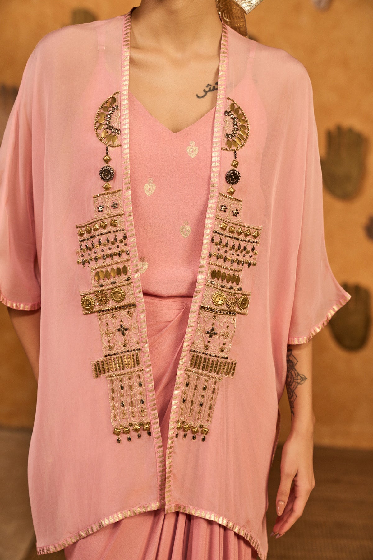 Champagne Pink Heartbeat Draped Cape Set