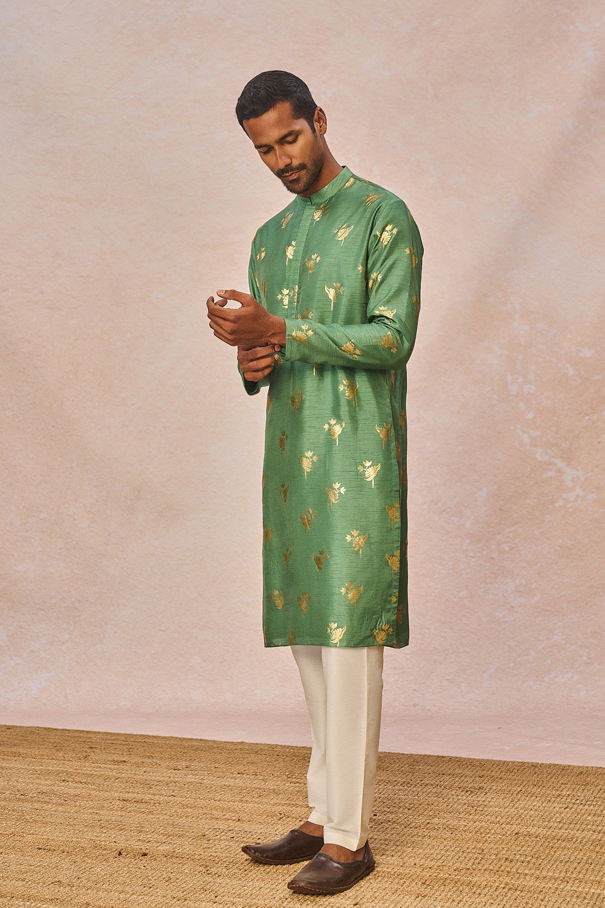 Sage Green Iris Bud Gold Foil Kurta Set