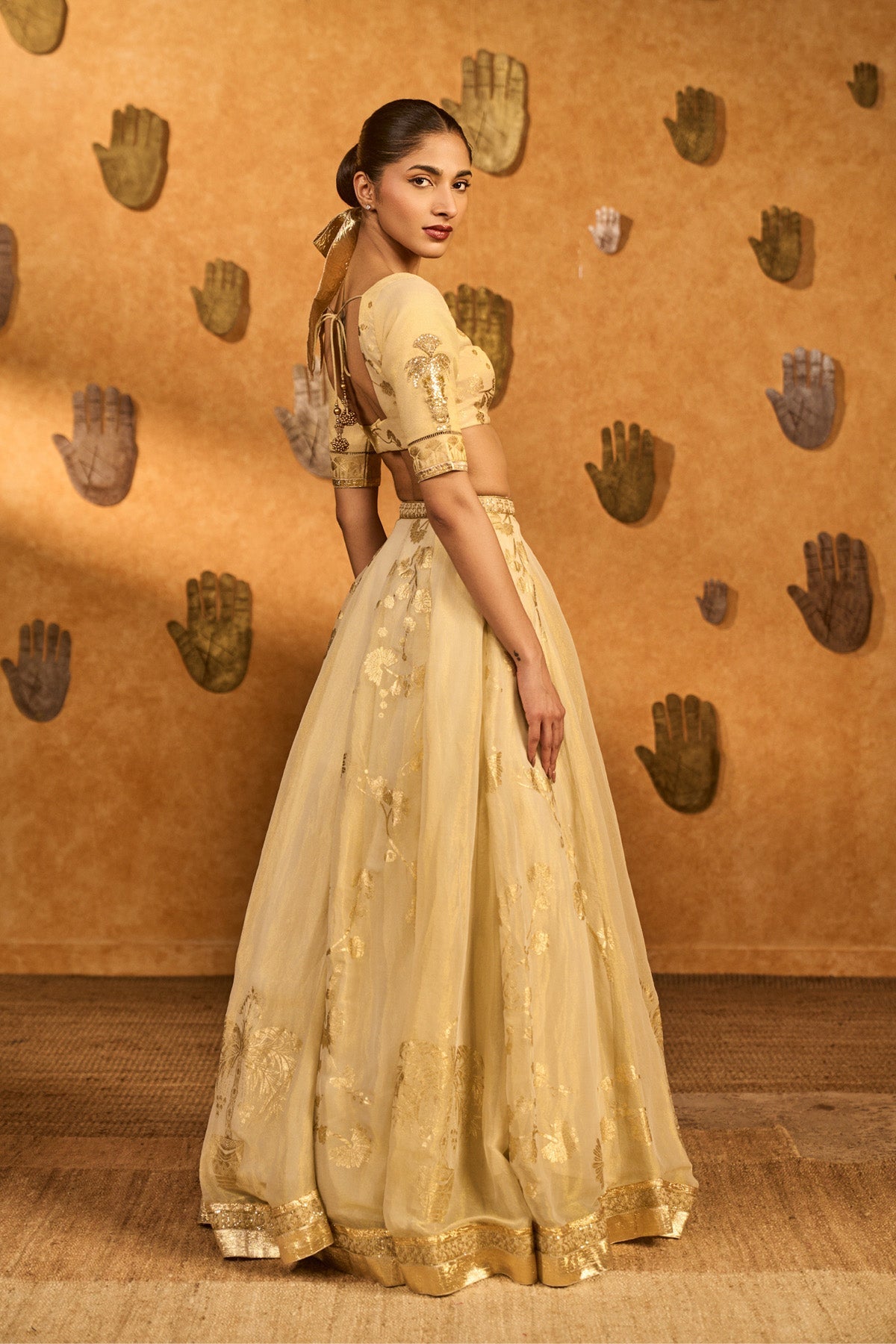 Gold Ivory Sakura Tissue Lehenga Set