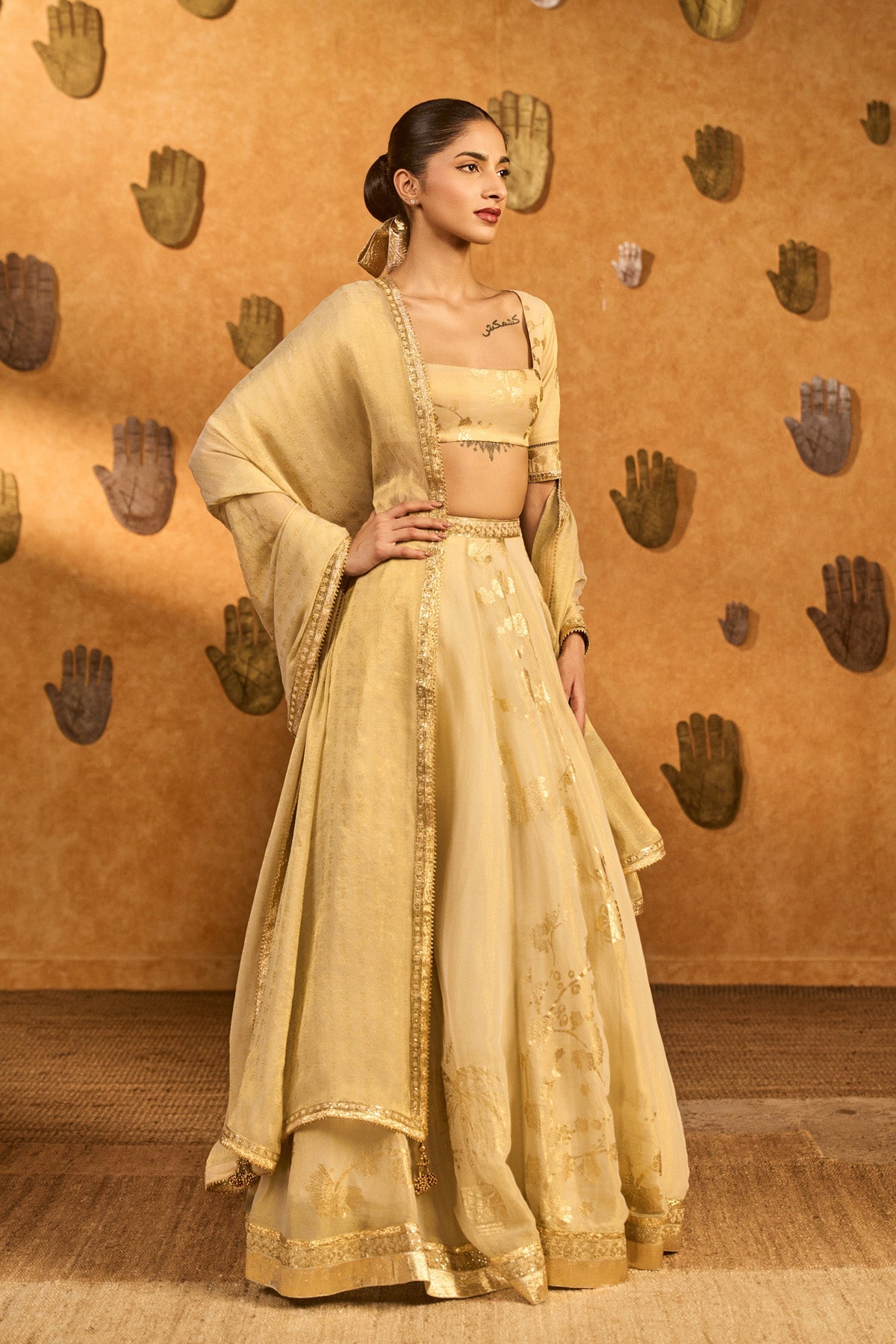 Gold Ivory Sakura Tissue Lehenga Set
