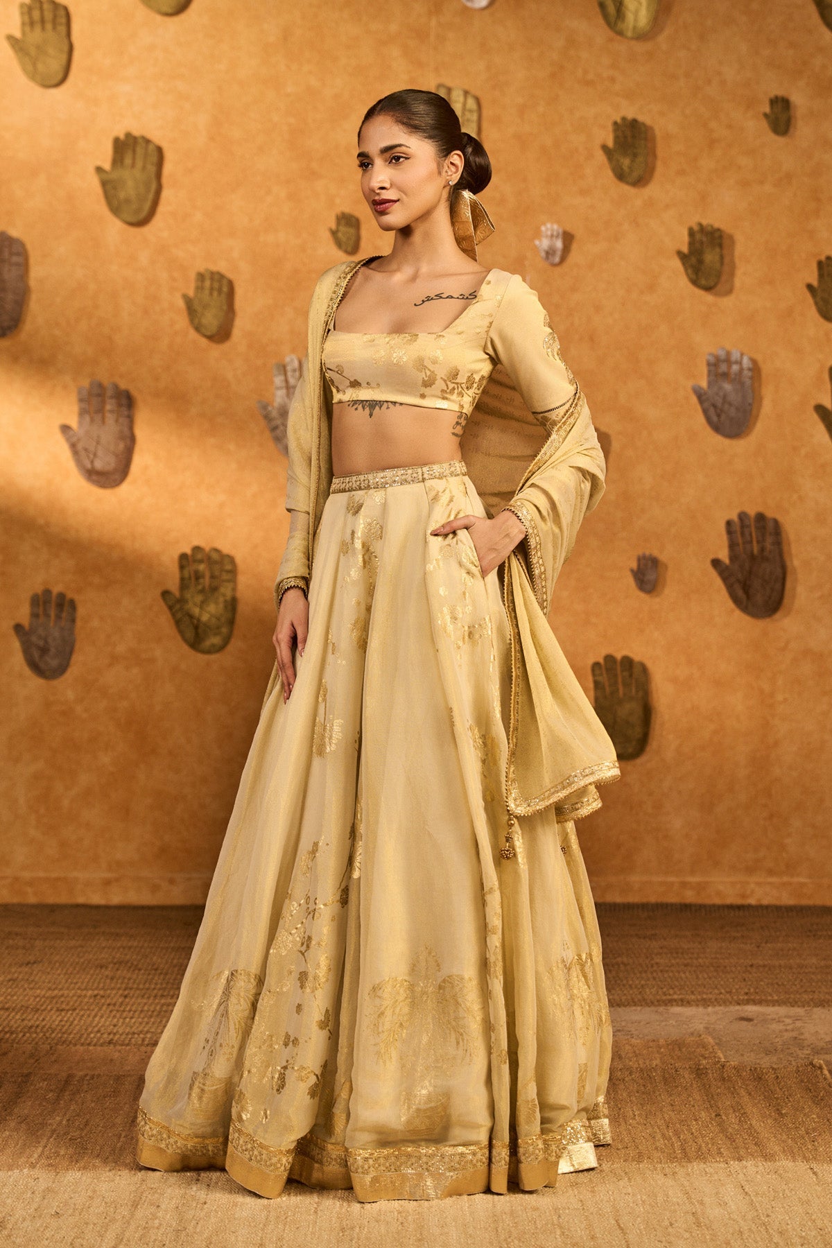Gold Ivory Sakura Tissue Lehenga Set