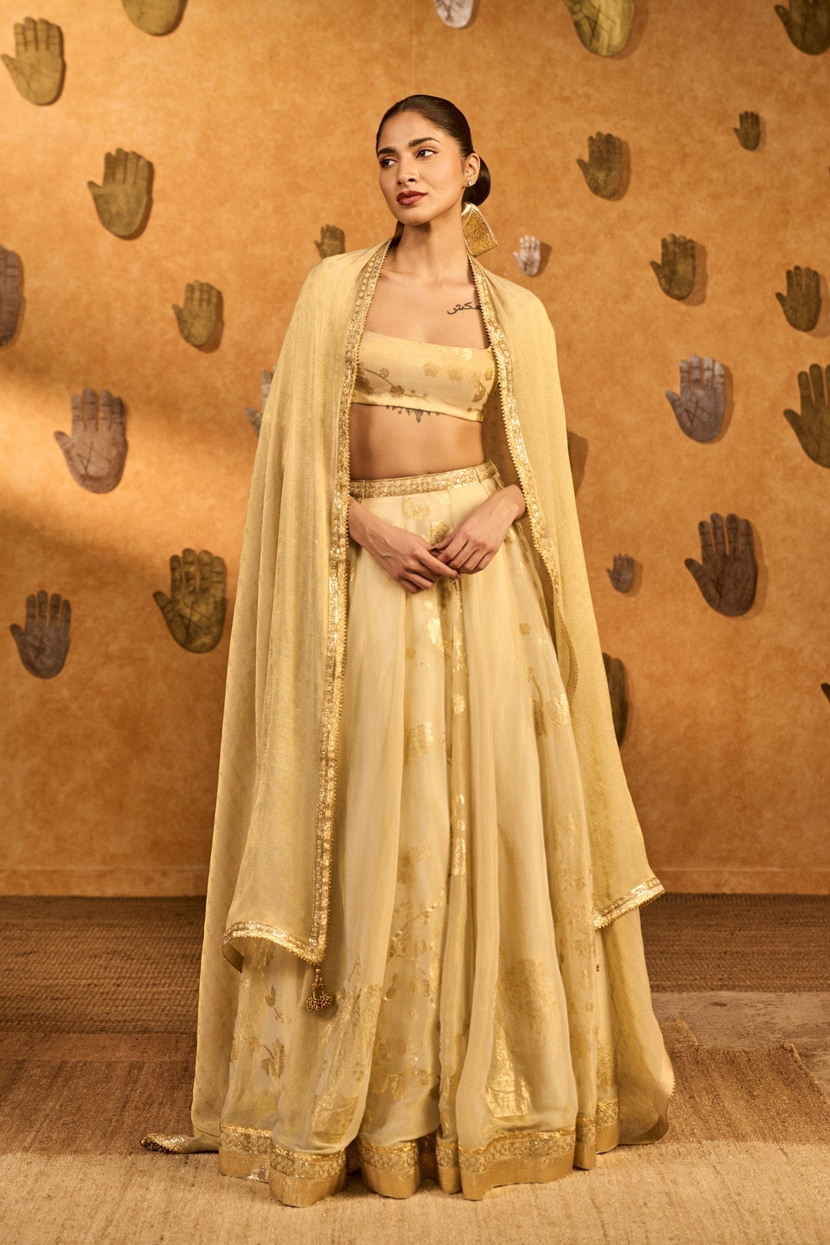 Gold Ivory Sakura Tissue Lehenga Set