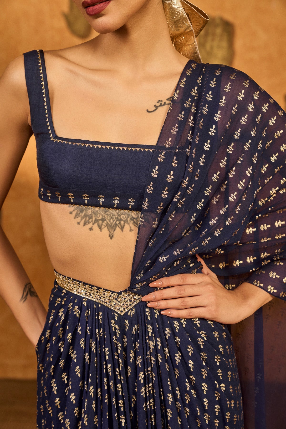 Navy Blue Snow Light Stitched Saree