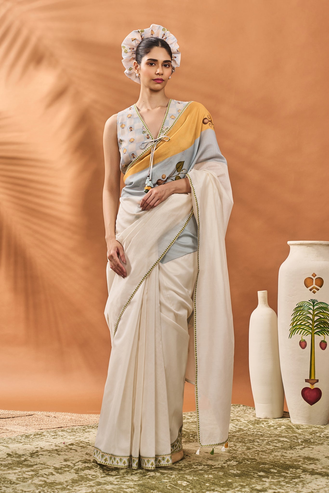 IVORY STRIPE GARDEN GRID SAREE