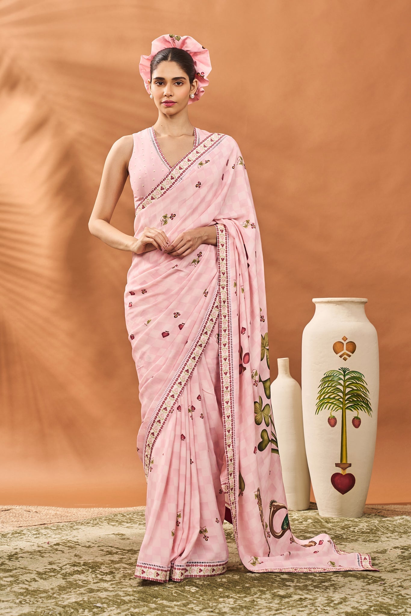 PINK CHECKERS SPADE BLOOM SAREE