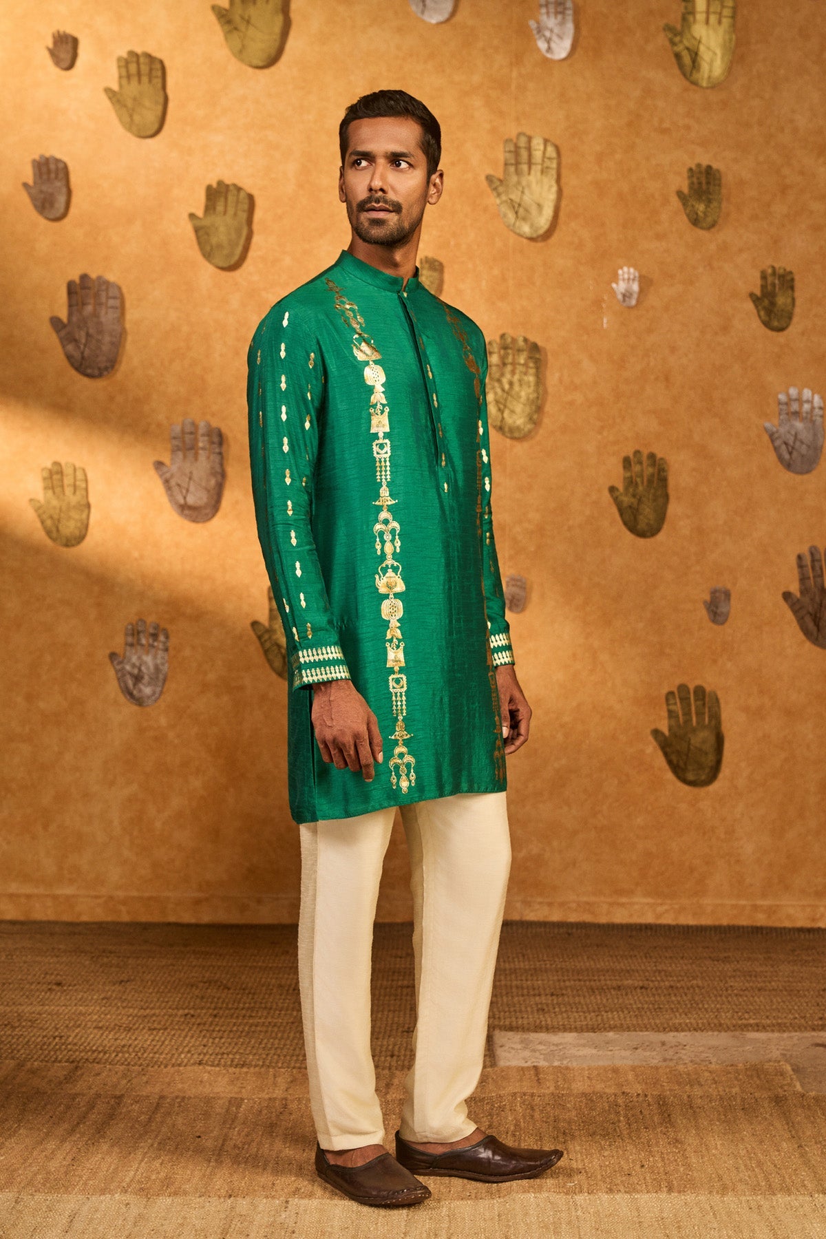 Green Totem Lines And Pot Menswear Kurta Set