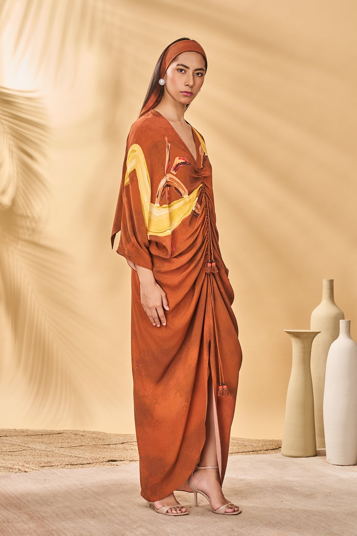 Brown Feathered Cinched Kaftan