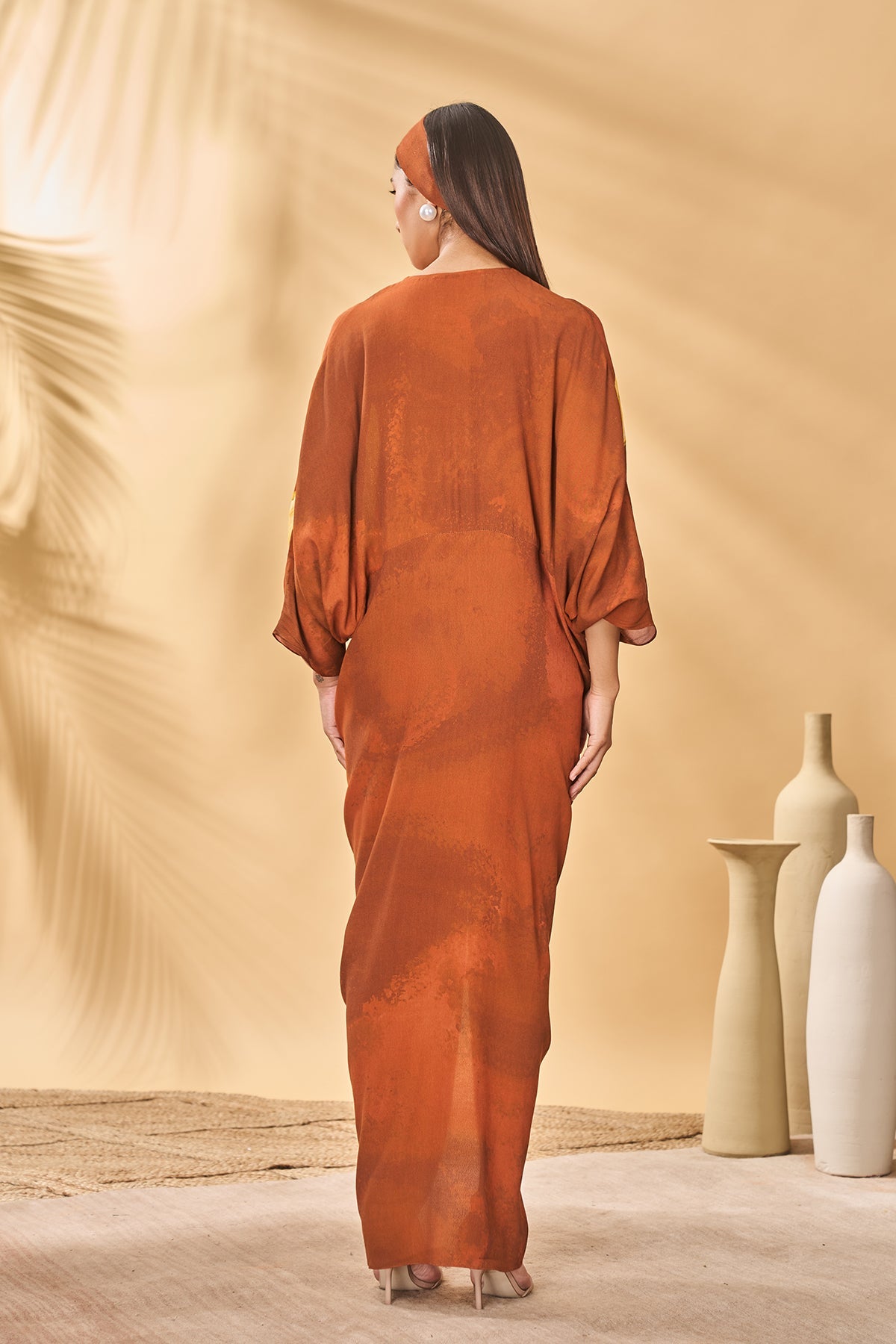 Brown Feathered Cinched Kaftan