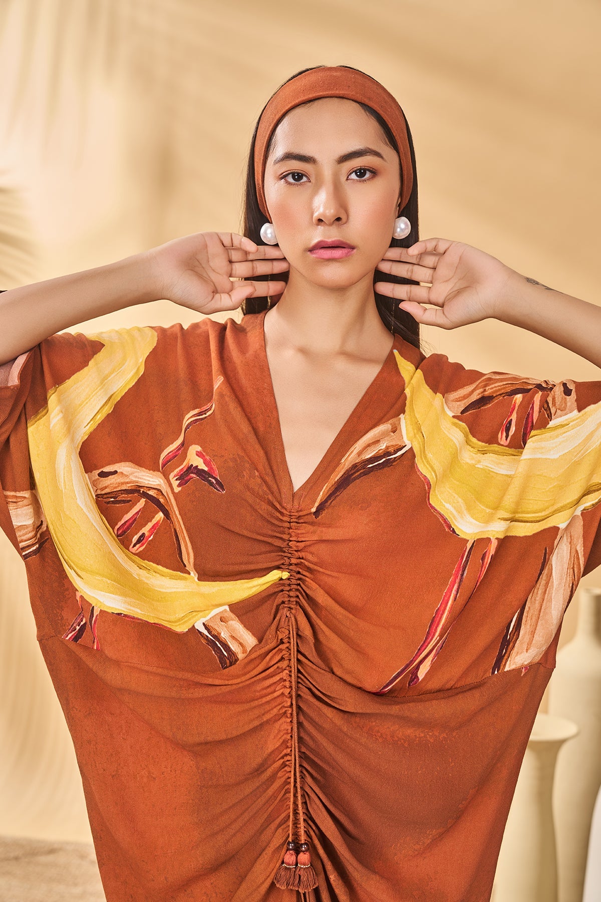 Brown Feathered Cinched Kaftan