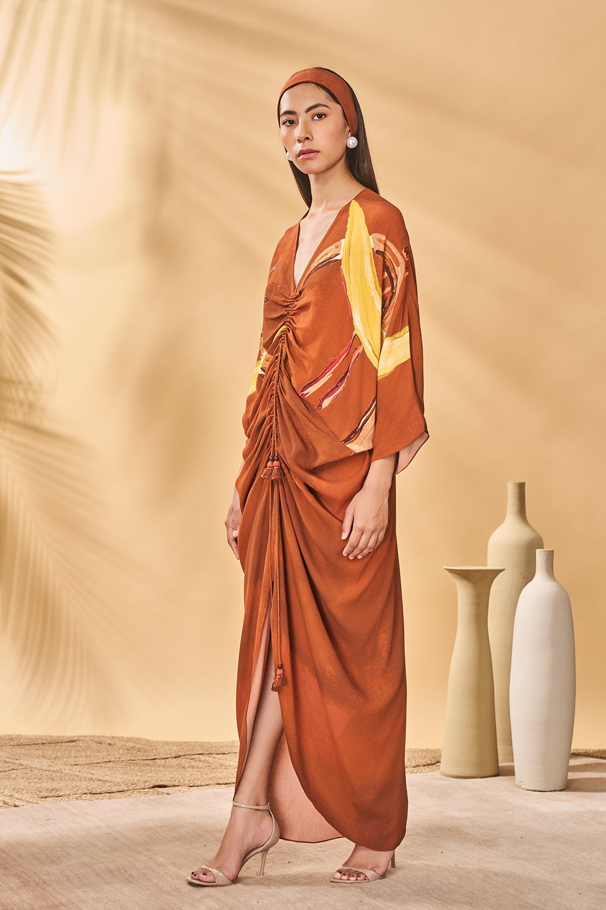 Brown Feathered Cinched Kaftan