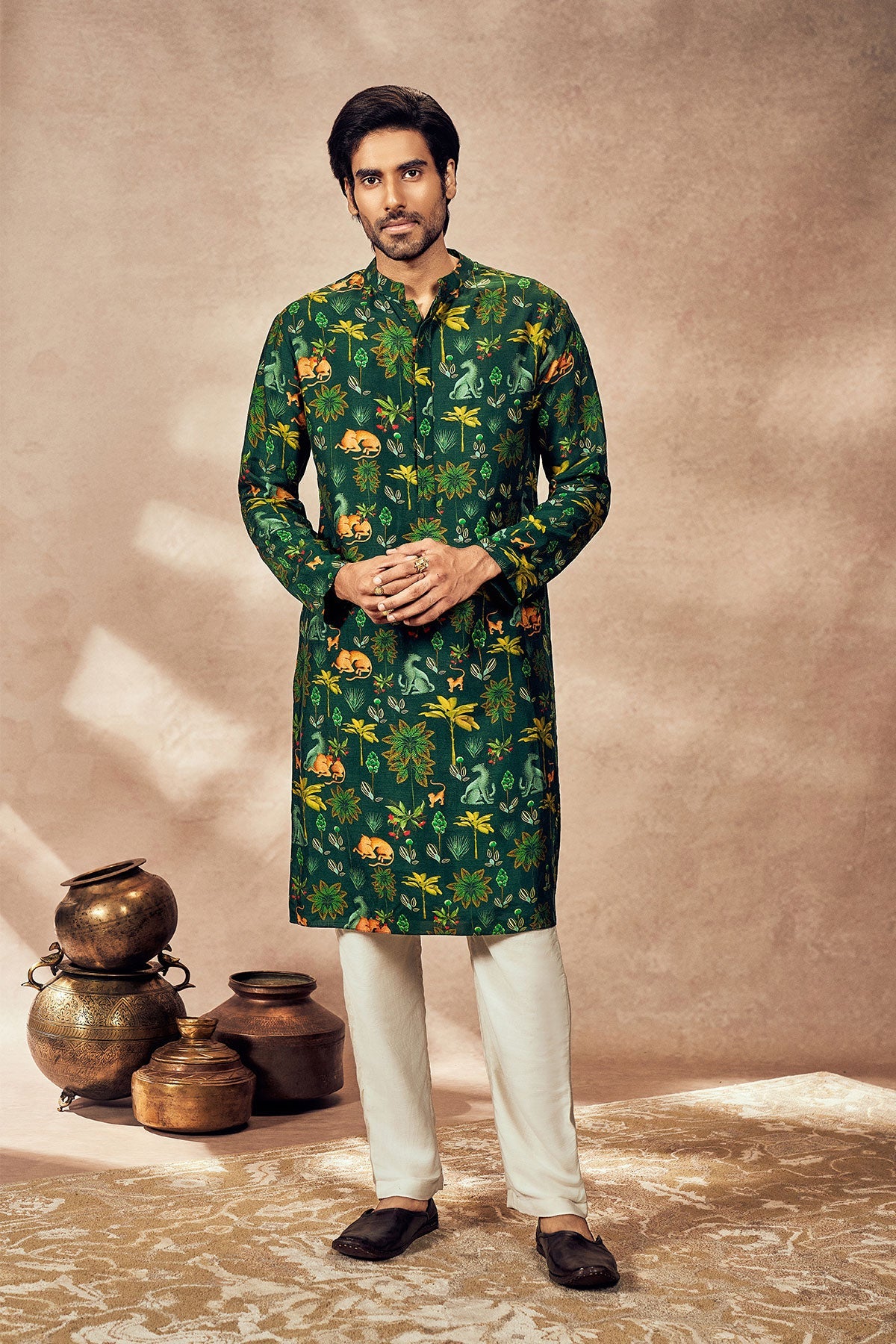 Green Tropical Rhapsody Kurta With Ivory Pants