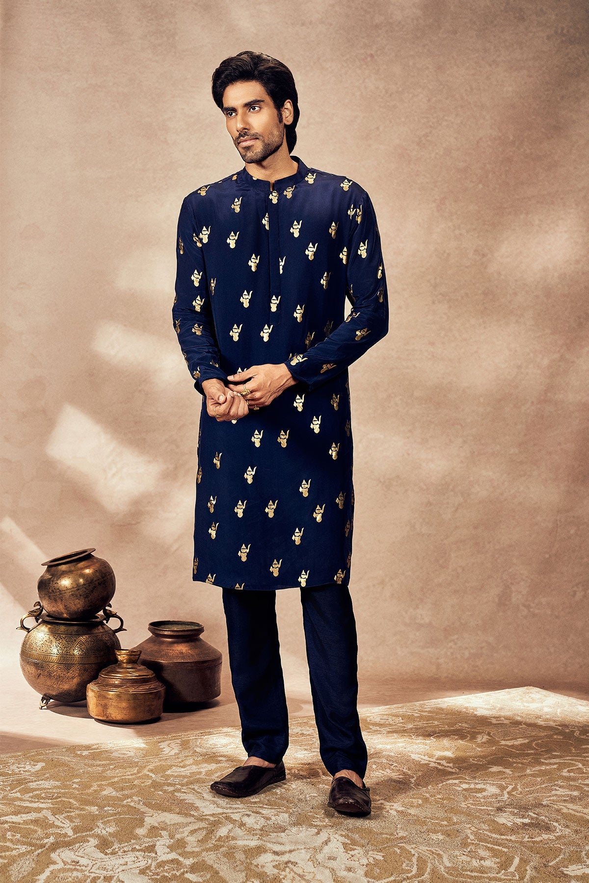 Blue Whispering Leaf Foil Kurta With Blue Pants