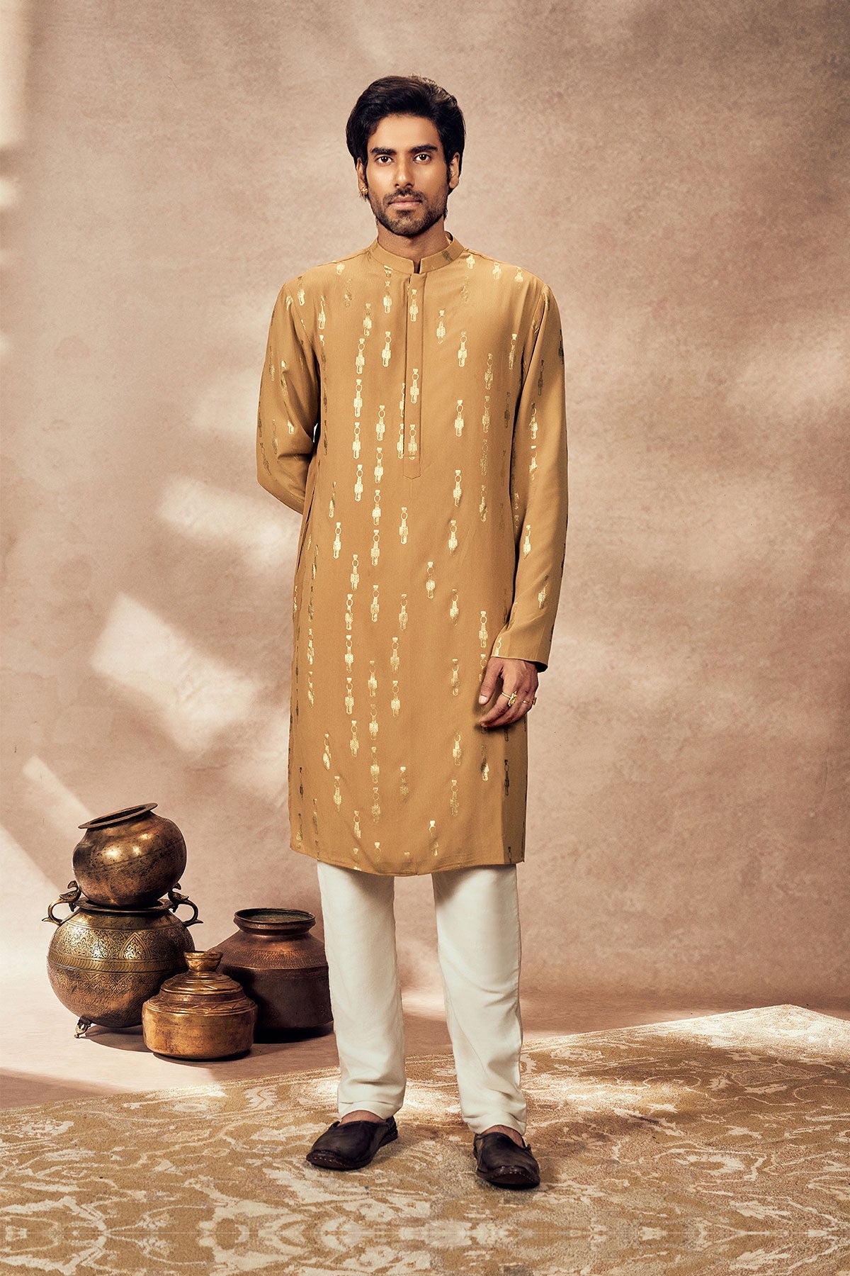Beige Tribal Pillar Kurta With Beige Pants