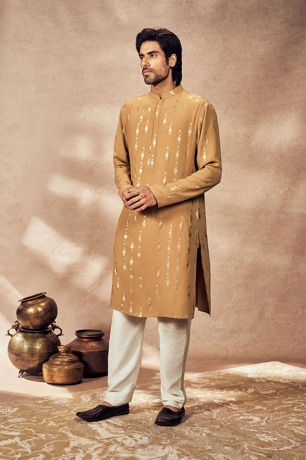 Beige Tribal Pillar Kurta With Beige Pants