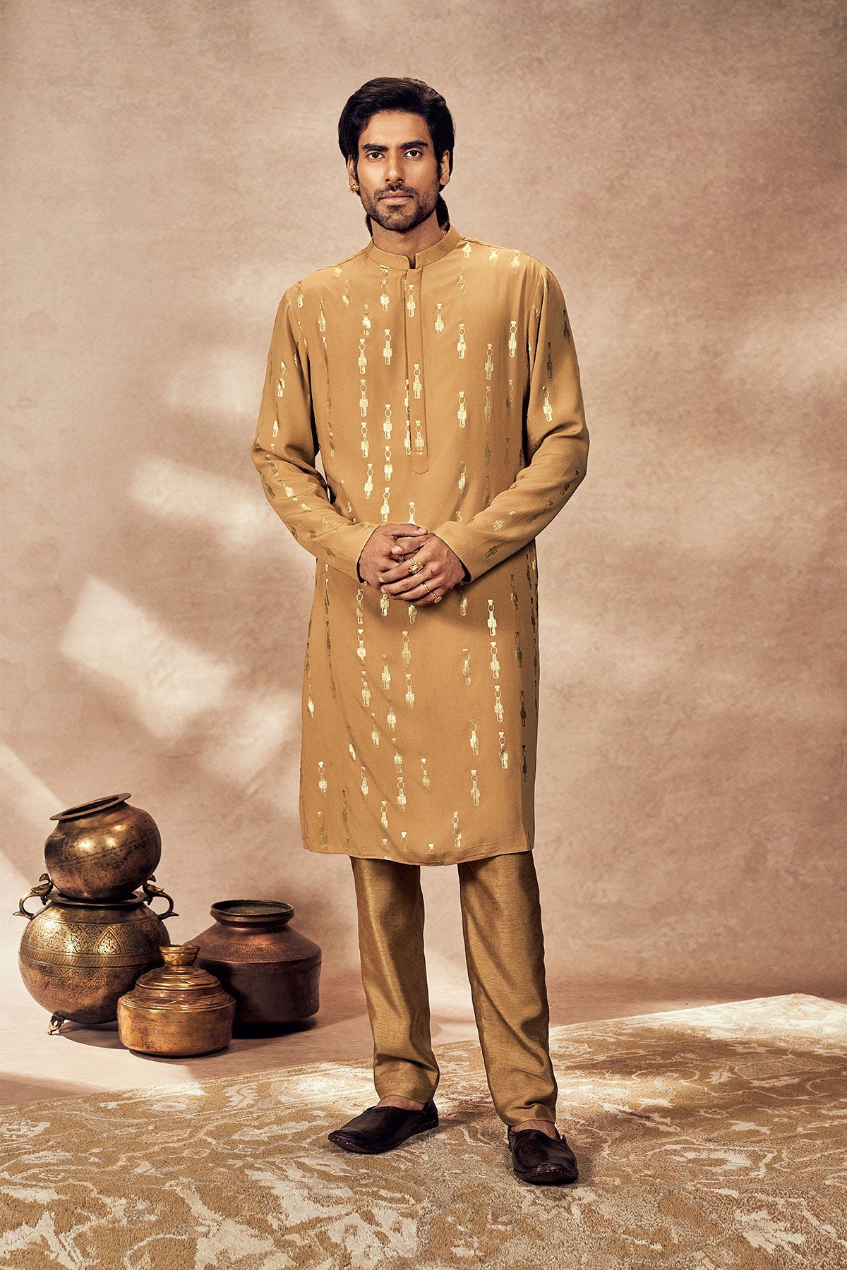 Beige Tribal Pillar Kurta With Beige Pants