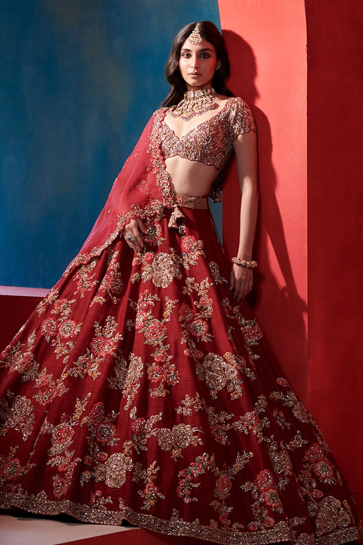 "Leia" Burgundy Big Floral Jaal Bridal Lehenga Set