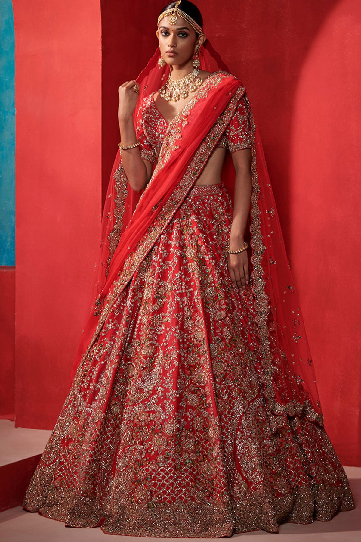 "Raya"Crimson Red Floral Tendril Bridal Lehenga Set