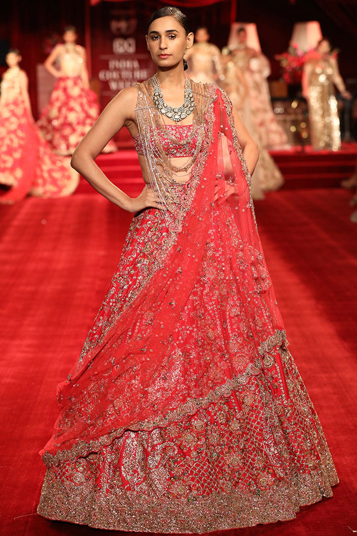 "Raya"Crimson Red Floral Tendril Bridal Lehenga Set