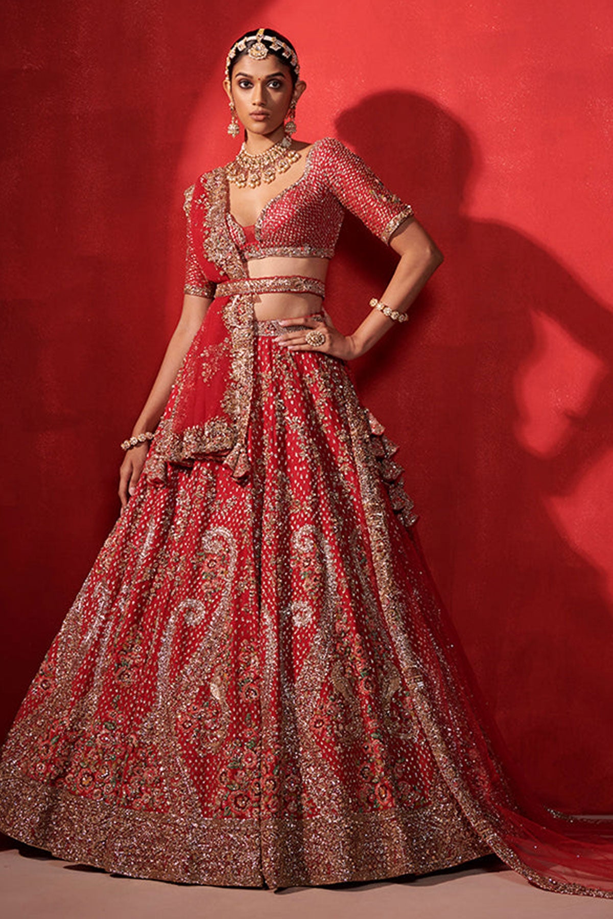 "Maya" Carmine Red Paisley Bridal Lehenga Set