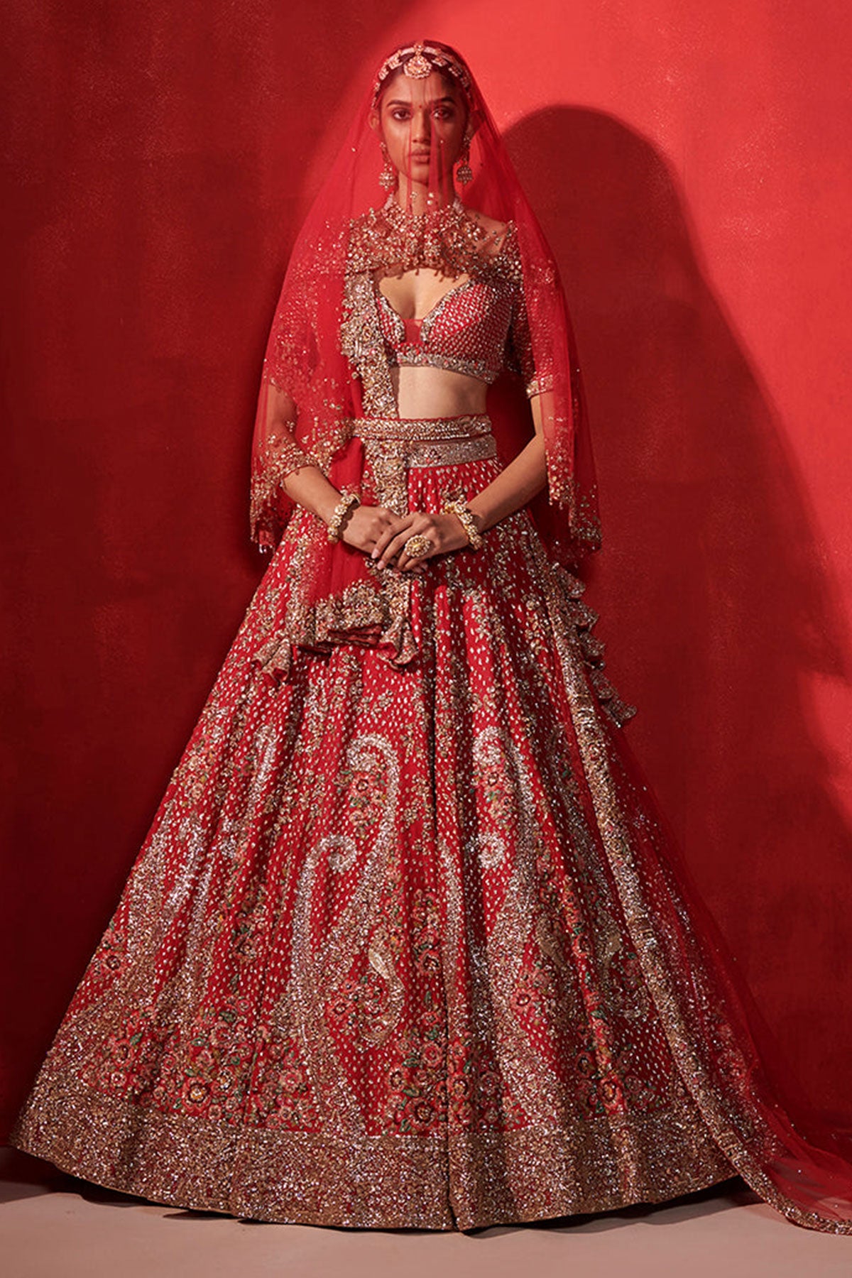"Maya" Carmine Red Paisley Bridal Lehenga Set