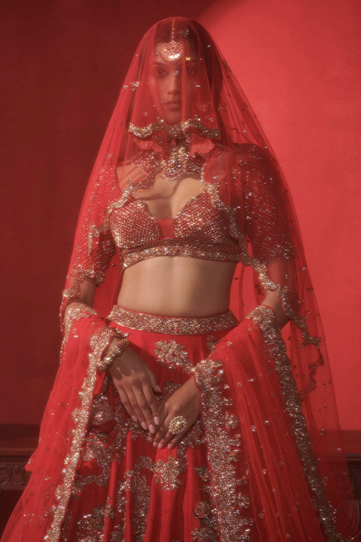 "Zoe" Crimson Red Small Floral Jaal Bridal Lehenga Set