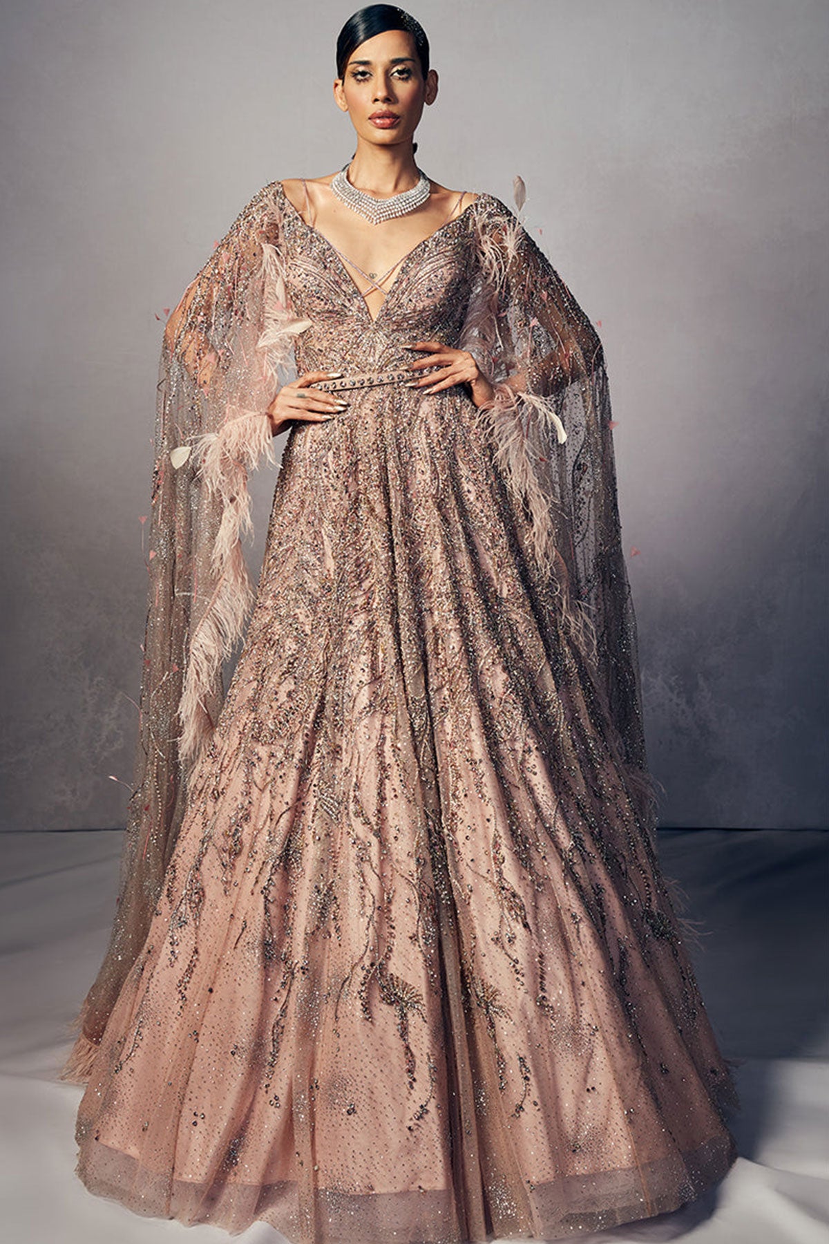 "Bessie" Shimmer Tulle Floor Length Bridal Gown With Cape Sleeves