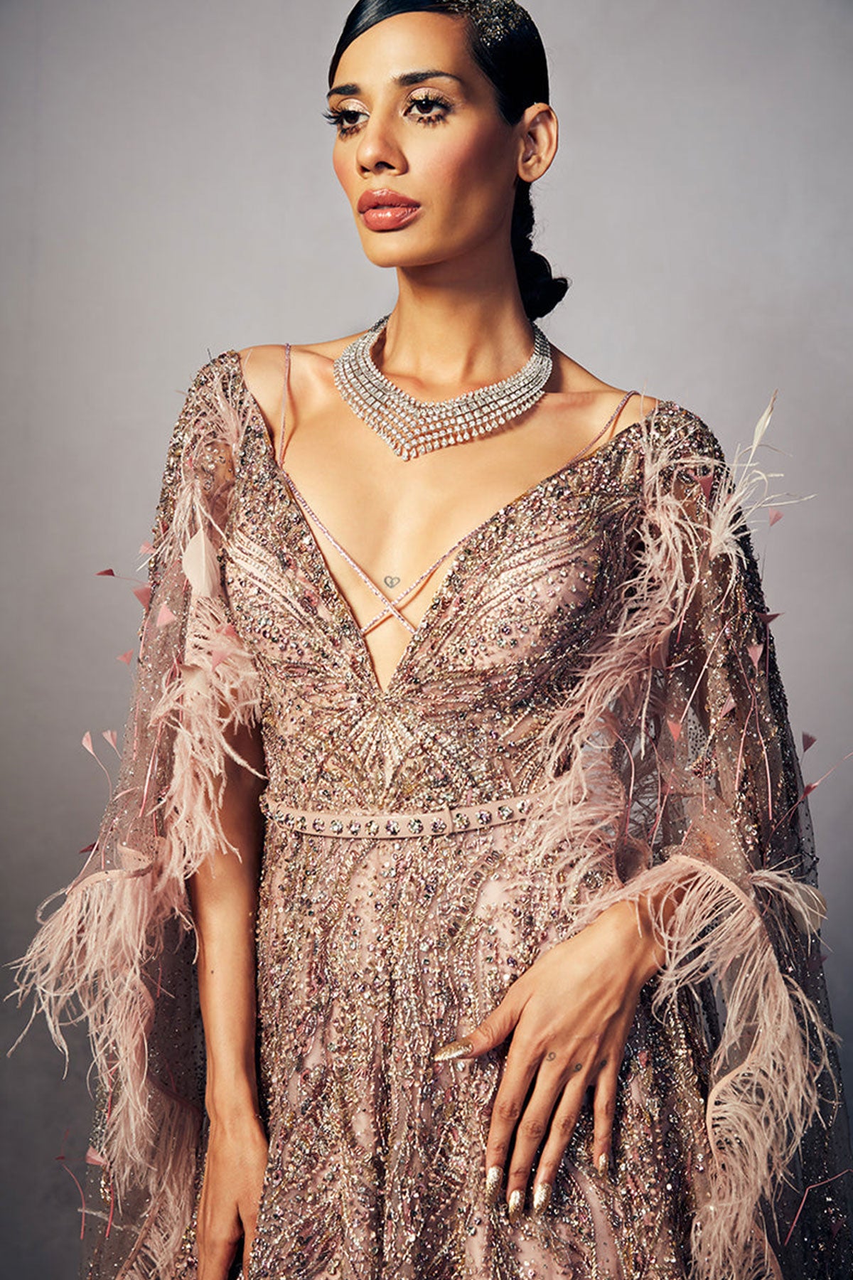 "Bessie" Shimmer Tulle Floor Length Bridal Gown With Cape Sleeves