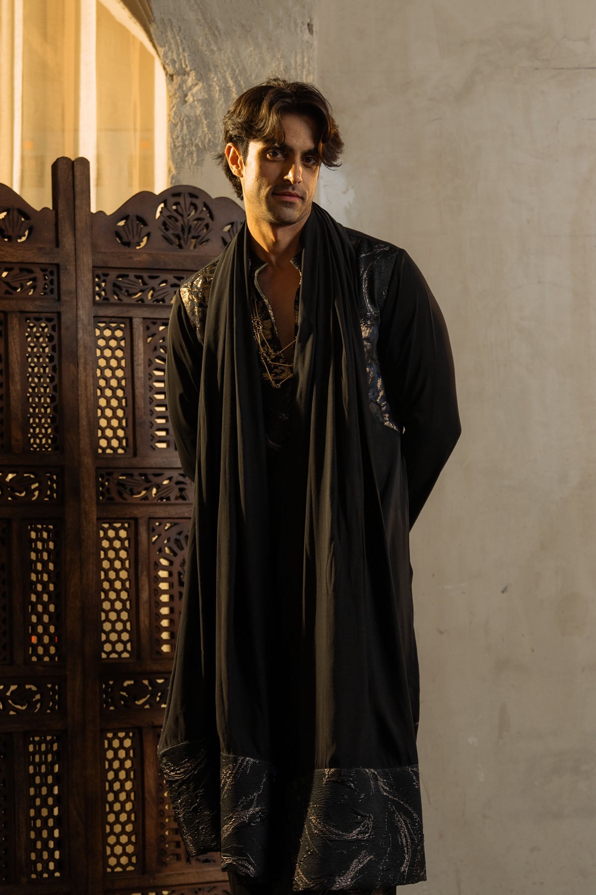 Black Silk Crepe Kurta Set With Dupatta