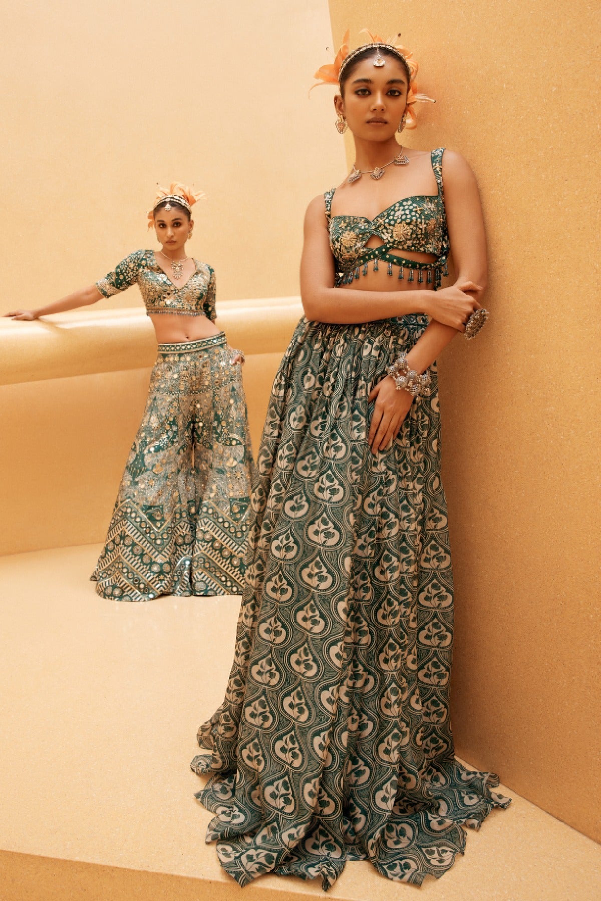 Teal Print and Highlighted Lehenga Set