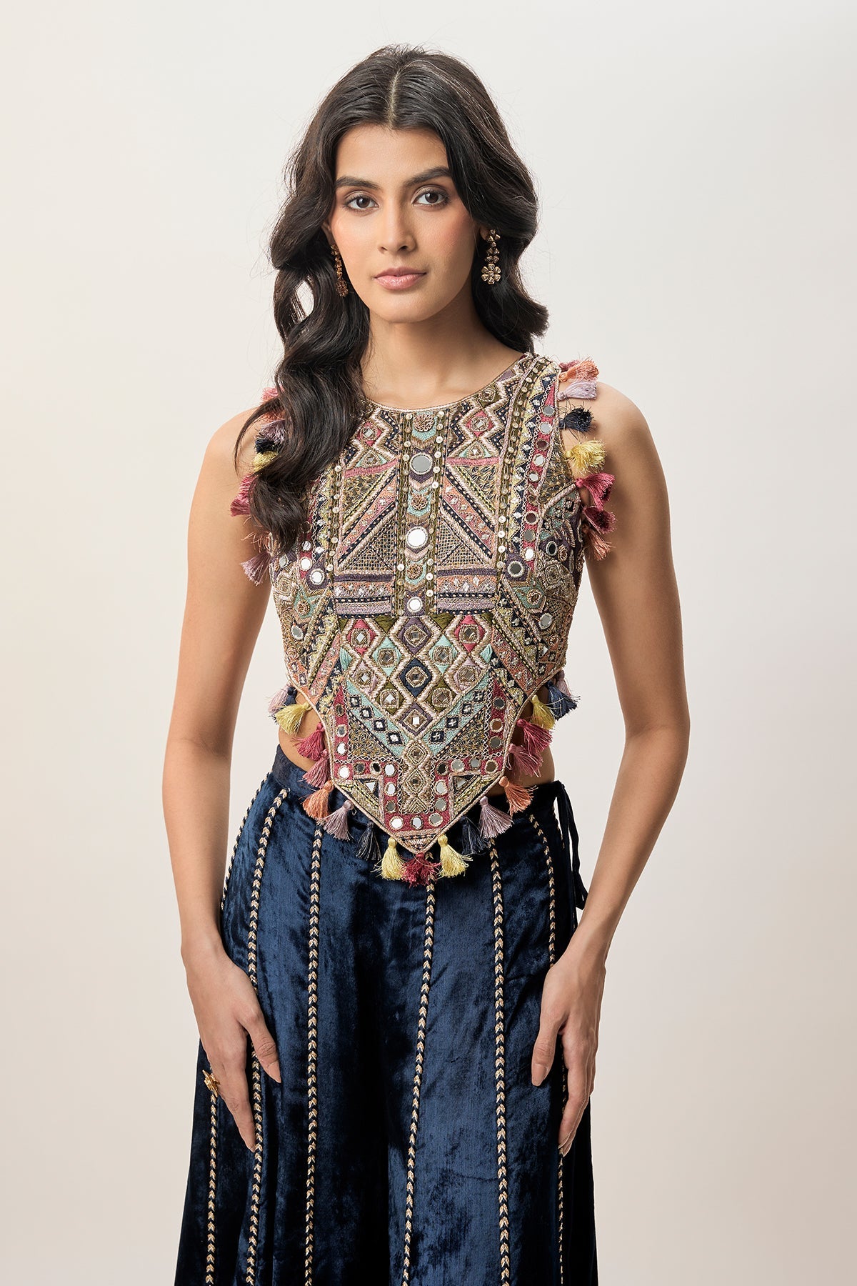 Yasmin Navy Blue Georgette Half Back Covered Embroidered Choli And Velvet Sharara