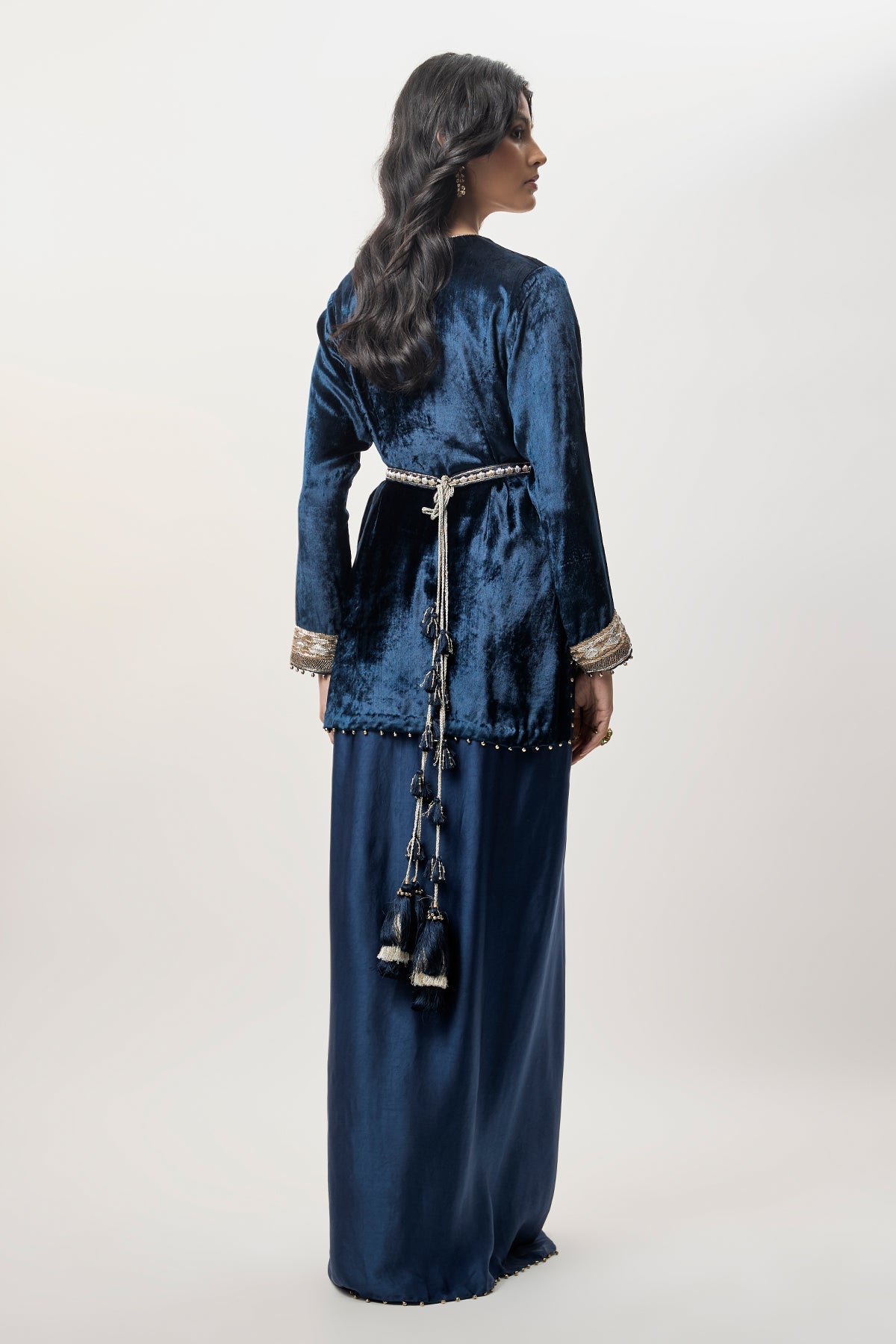 Samira Navy Blue Velvet Embroidered Yoke And With Dhoti Skirt And Belt