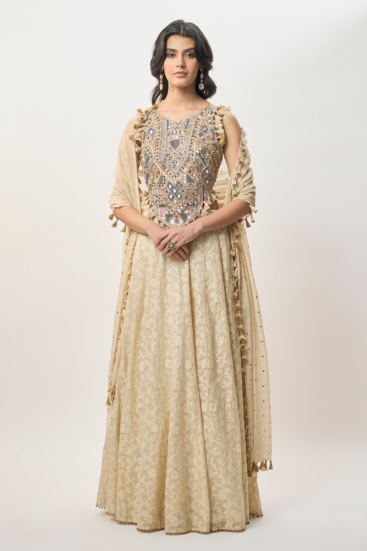 Yasna Stone Georgette Half Back Covered Embroidered Choli With Lehenga And Mukaish Mul Dupatta