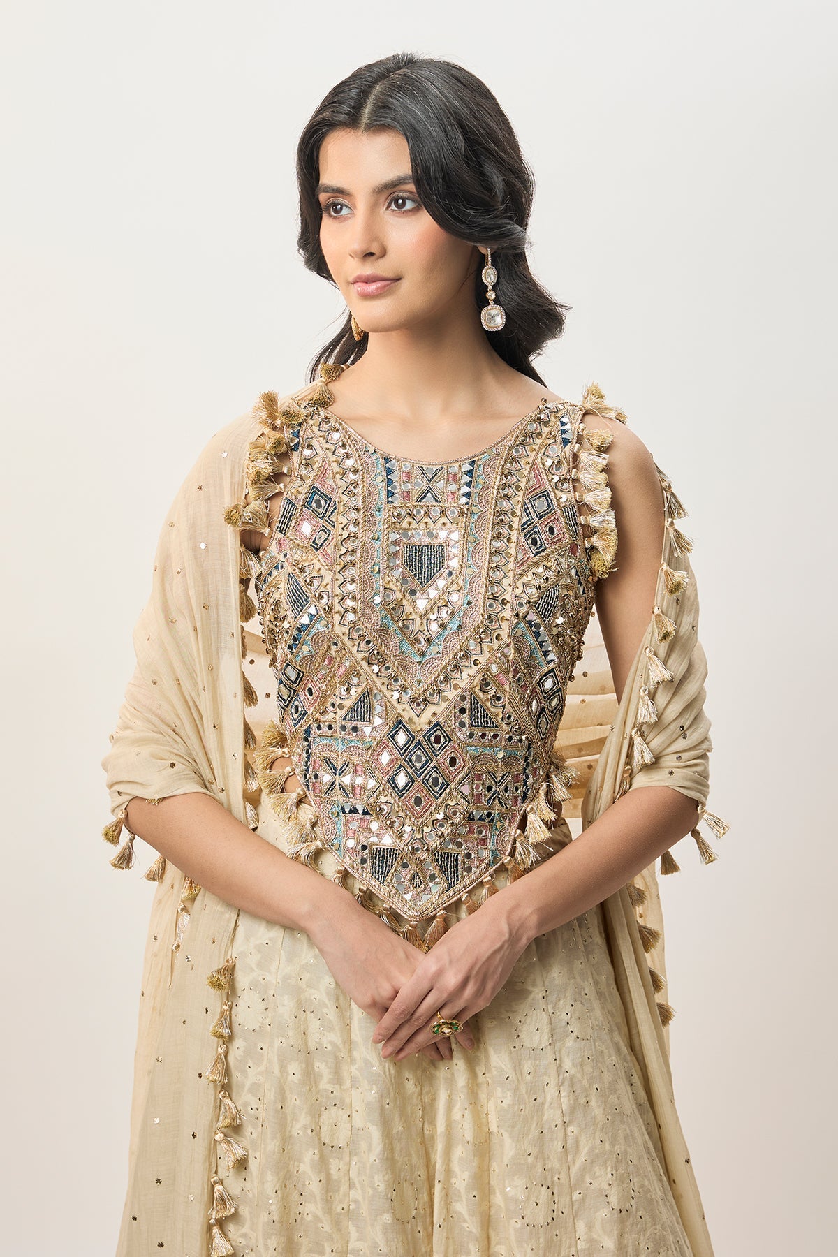 Yasna Stone Georgette Half Back Covered Embroidered Choli With Lehenga And Mukaish Mul Dupatta