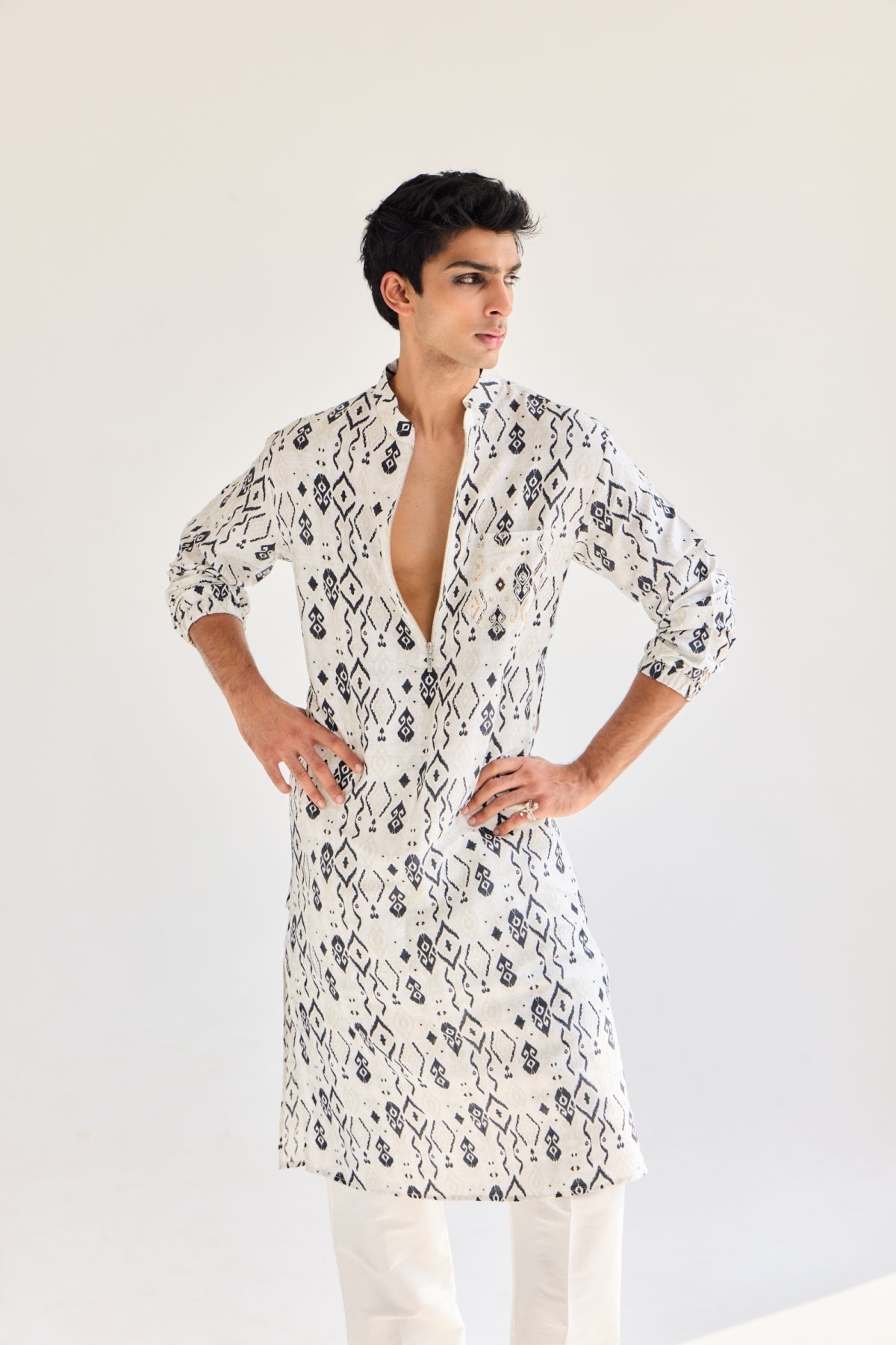 Tarin Off-White Ikat Print Dupion Silk Lifted Pocket Bomber Kurta And Off-White Cotton Silk Pants