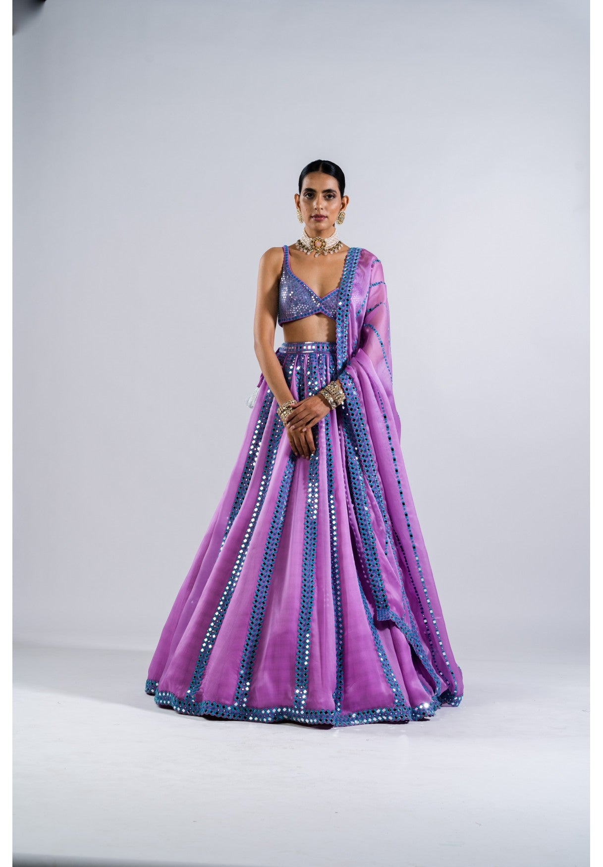 Mauve Mirror Seam Lehenga Set With Metallic Blouse