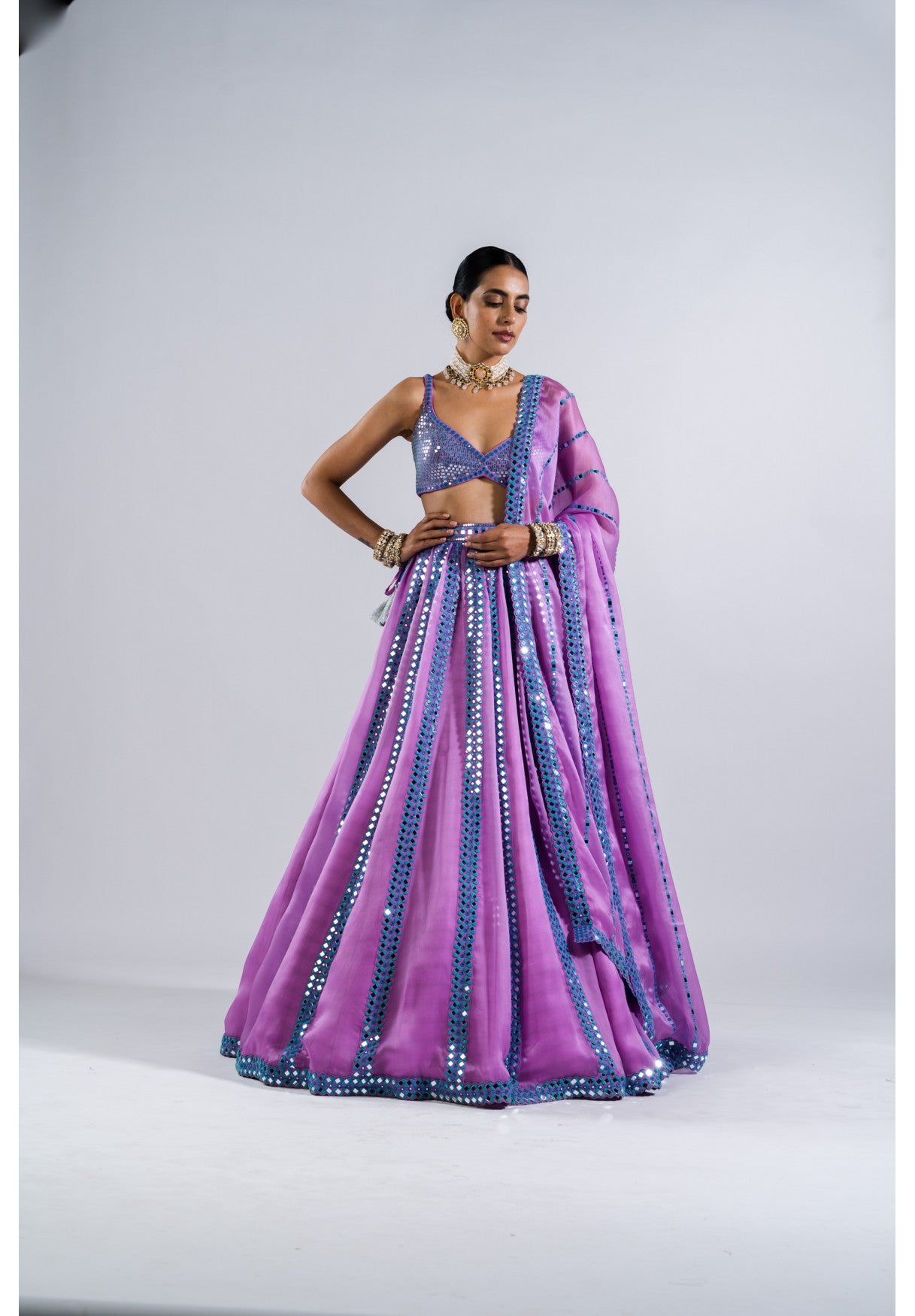 Mauve Mirror Seam Lehenga Set With Metallic Blouse